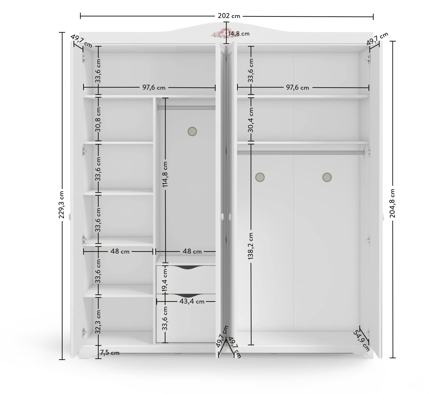 Четирикрилен гардероб «Rustic White» - ширина 202см