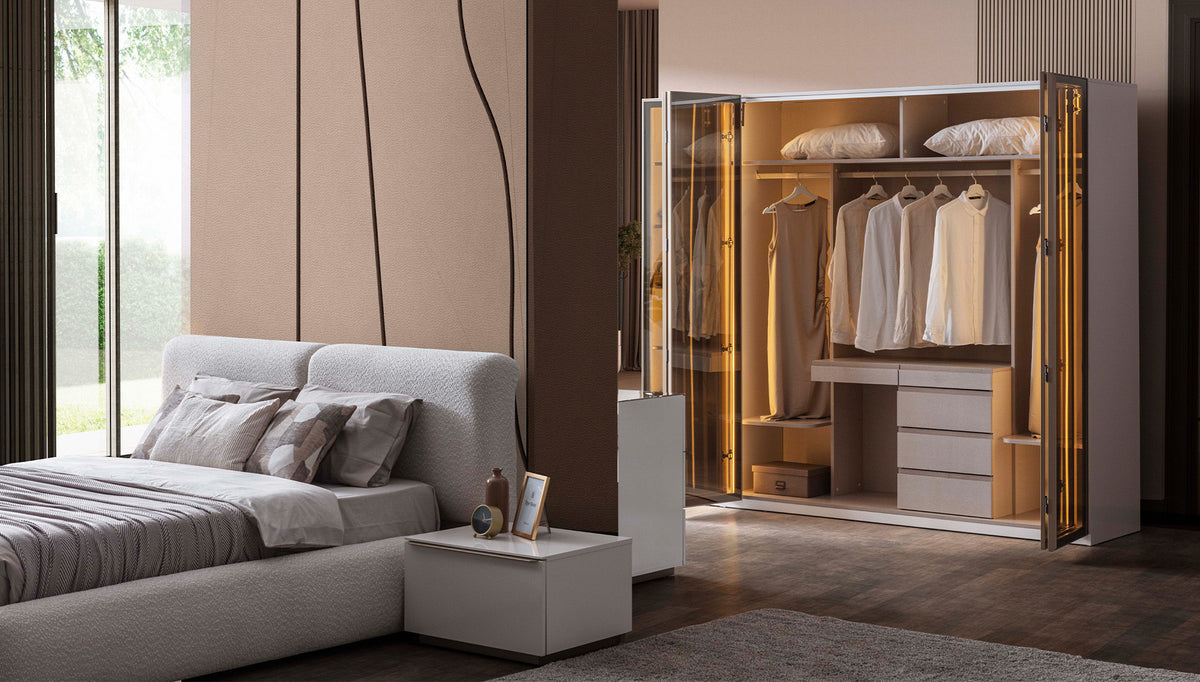 Гардероб «Noble» + стъклени врати и LED осветление, с чекмеджета, ширина 209см