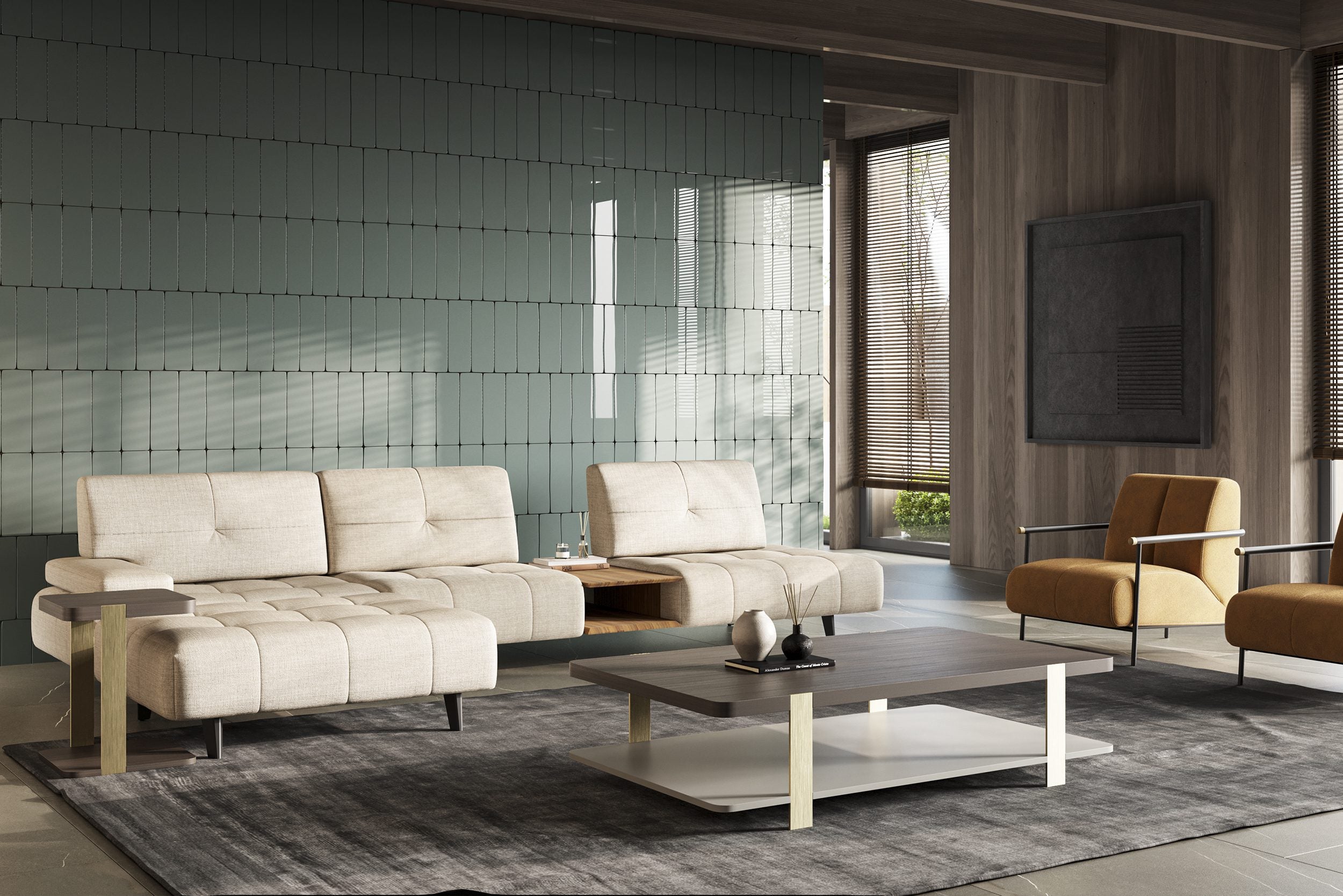 Ъглов разтегателен диван «Panamera Comfort» - Опция 35, с конзолна масичка, ширина 357см