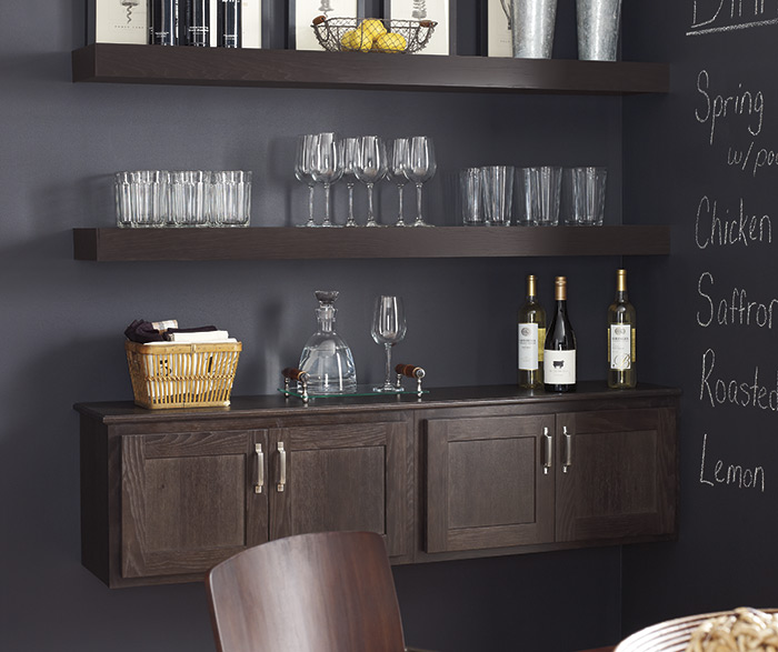 dark wood wall cabinet and open shelf in dining room